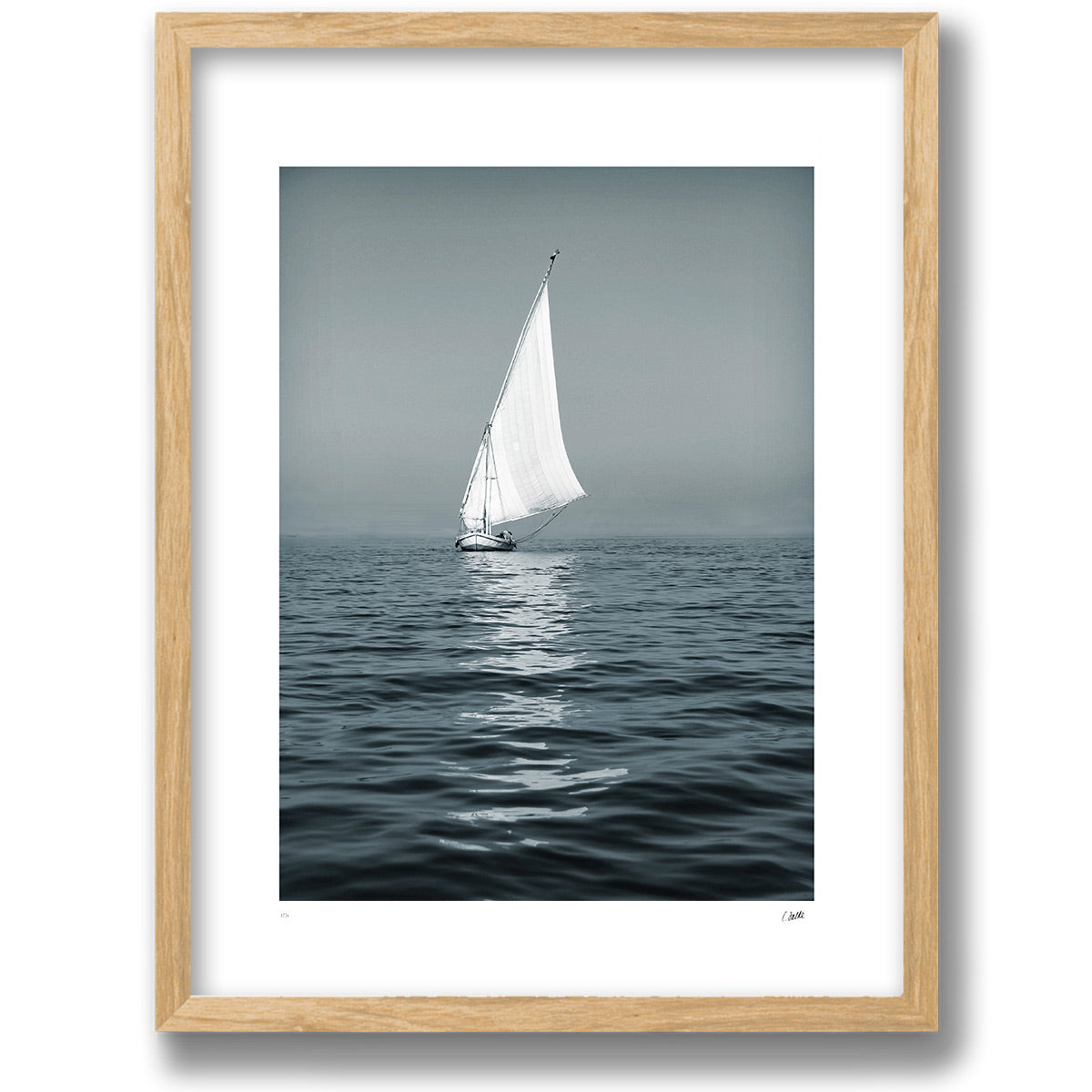 The Silent Passage, konsttryck med segelbåt i valnötsram