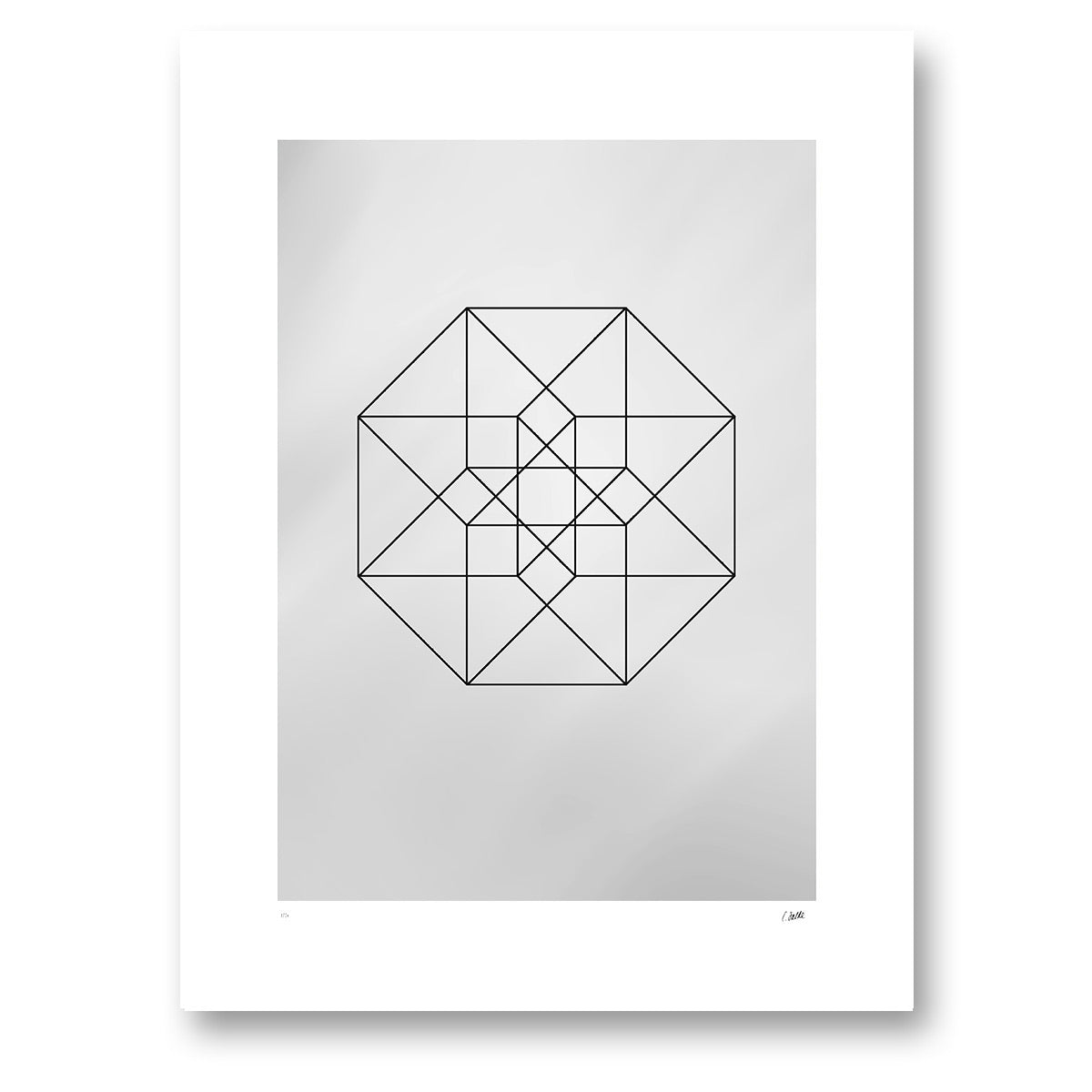 Tesserakt, en fyrdimensionell kub i tunna svarta linjer mot grått. Utan ram.