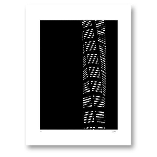 Turning Torso svart, tornets vridna silhuett mot svart. Utan ram.