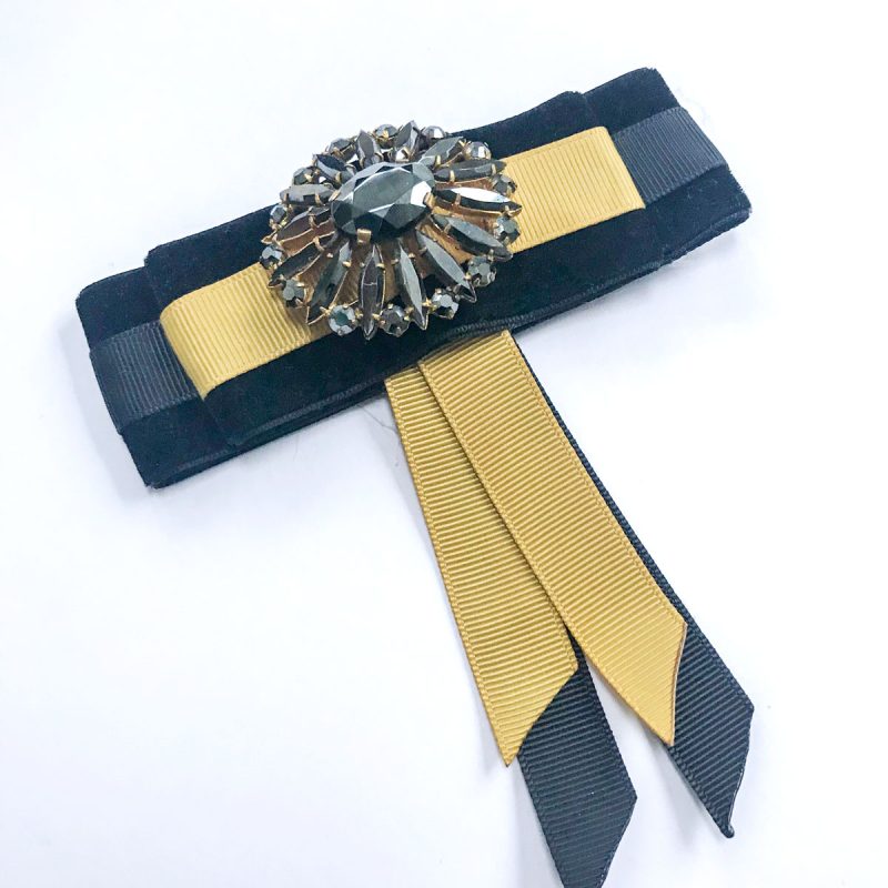 Vintage-brooch-black stone yellow black ribbon