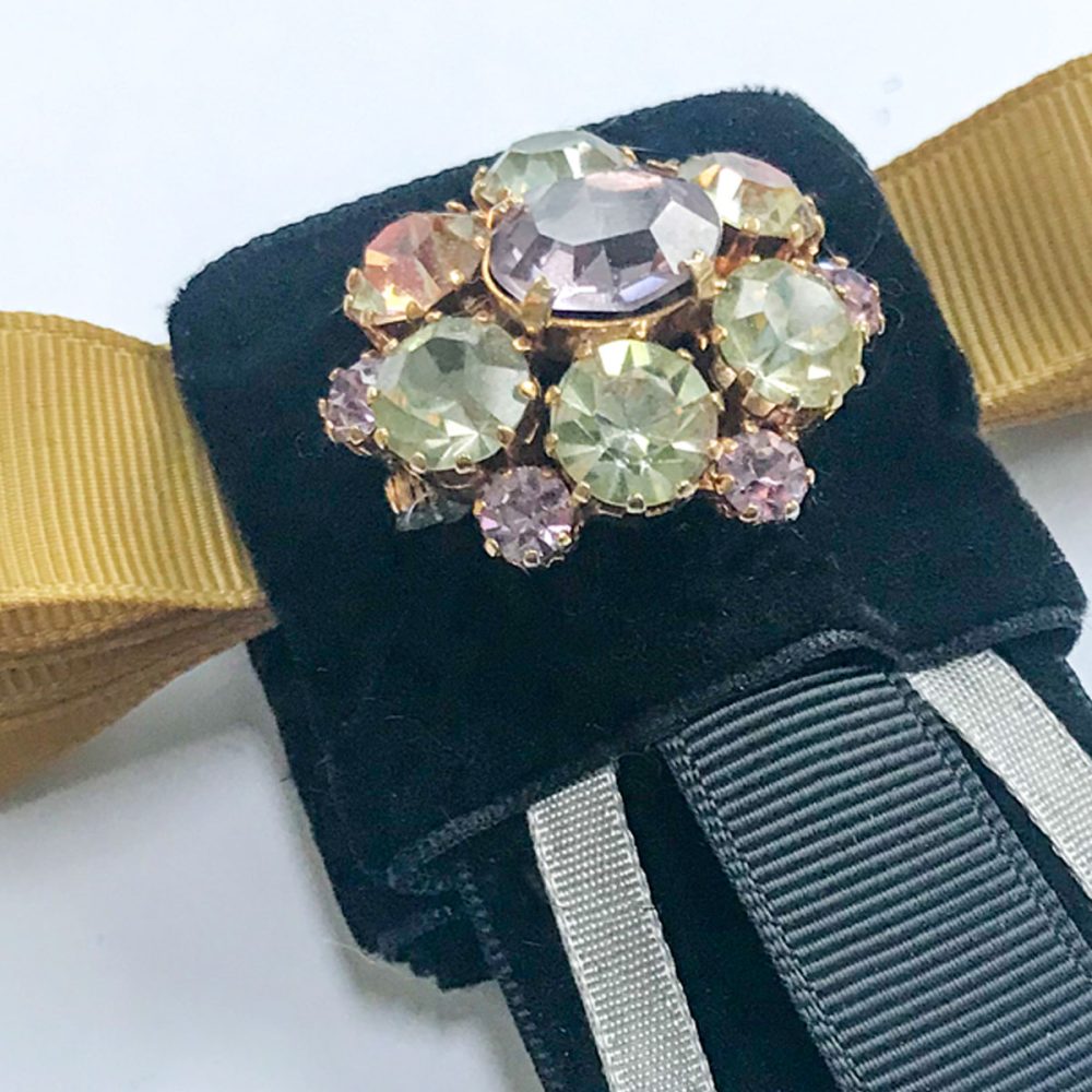 Vintage brooch colored diamonds black-velvet yellow ribbon