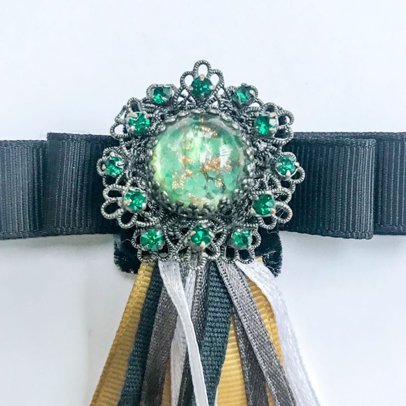 Vintage brooch green stone black velvet black grey yellow ribbons