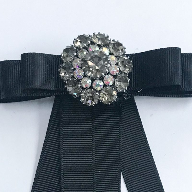 Vintage brooch white pearls diamonds black ribbon
